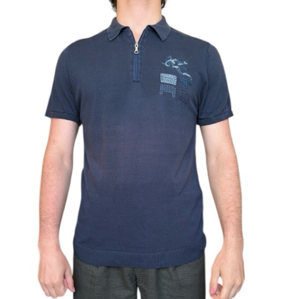 Etro Men's Navy Blue Polo Shirt with Zip Closure and Embroidery SIze L